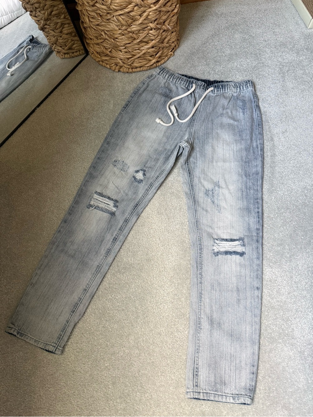Light Blue Distressed Jeans with Drawstring Waist